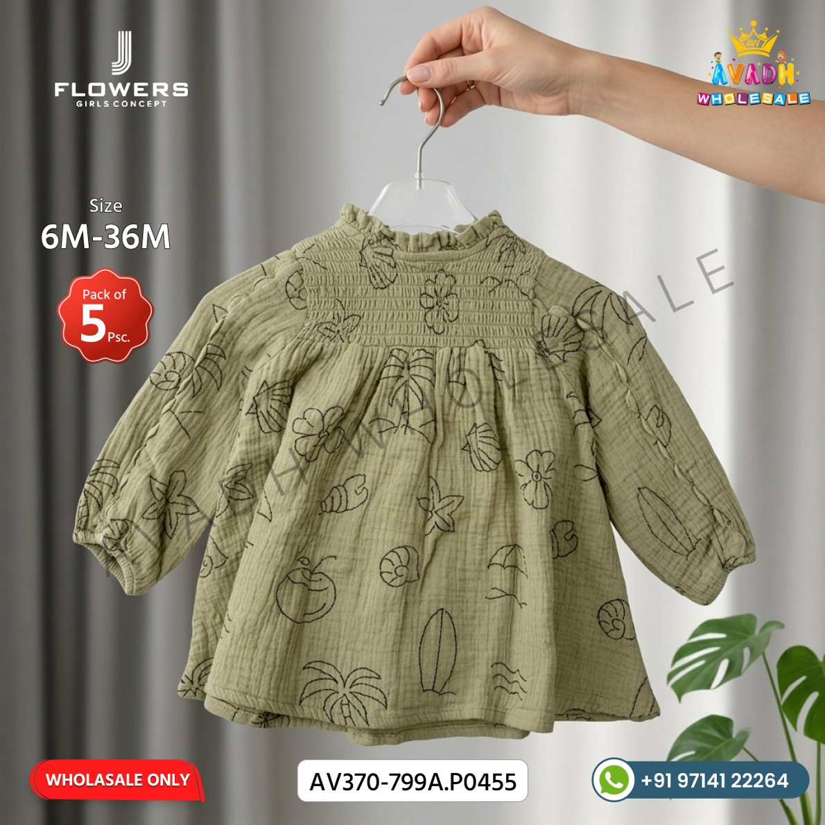 Girls Green Printed Cotton